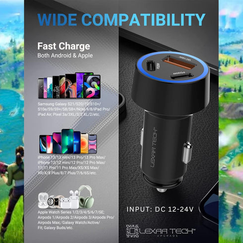 USB C Car Charger Fast Charging - LEXAA TECH 58W Dual Port PD&QC 3.0 Compatible with iPhone 15 14 13 12 Pro Max