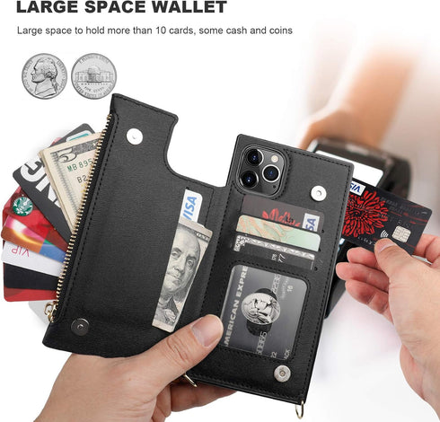 Bocasal Crossbody Wallet Case for iPhone 11 Pro Max, Card Holder, Zipper Card Slot Protector, Shockproof Purse Cover