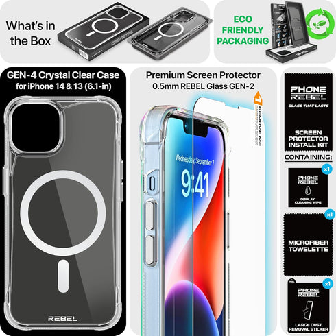 REBEL Clear Case for iPhone 14 - Crystal Series Gen-4, Strong MagSafe Compatible, Protective Shockproof Bumpers