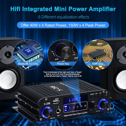 Stereo Audio Amplifier S-288 - 4.0CH Bluetooth 5.0 HiFi Mini Amplifier Receiver RMS 40Wx4, Max 600W, USB, FM, Adapter