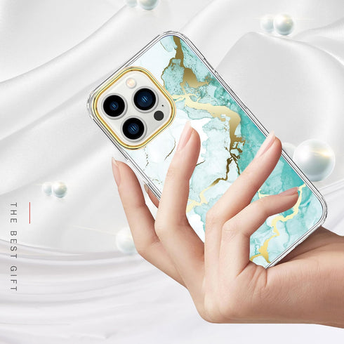 BAISRKE iPhone 15 Pro Clear Case (6.1") - Slim Shockproof Green Marble, includes 2 Screen Protectors & 1 Camera Lens