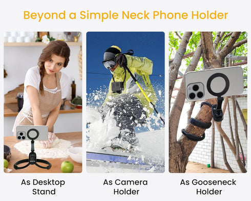 Magnetic Neck Phone Holder for Recording, Adjustable 3-in-1 Mount for iPhone 15/14/13/12 Series & GoPro
