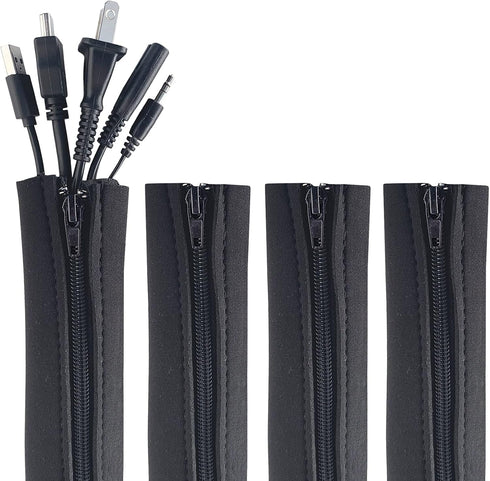 Wrap-It Storage Zipper Cable Sleeve - 24" x 4" (4-Pack) Black - Cable Protector for Desk, Computer, TV Management