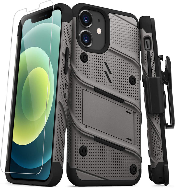 ZIZO Bolt Series Case for iPhone 12 Mini with Screen Protector, Kickstand Holster Lanyard - Gun Metal Gray