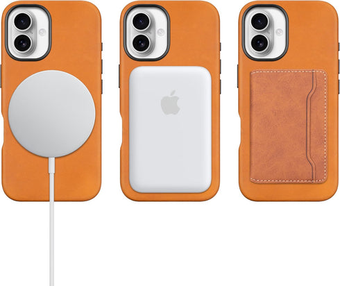 maogoam 16 6.1", for iPhone Case Leather, Compatible with MagSafe, Genuine Vintage Crazy Horse Leather, Metal Buttons
