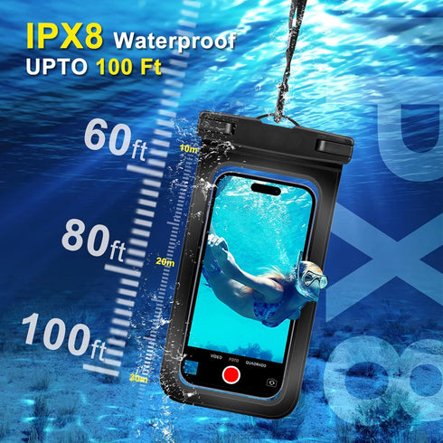 2 Pack Waterproof Phone Pouch with Adjustable Lanyard for iPhone 15 14 13 12 Pro Max, for Samsung Galaxy S24/S23 up to 7.5", IPX8 Water Proof Phone Case Dry Bags Black/Black