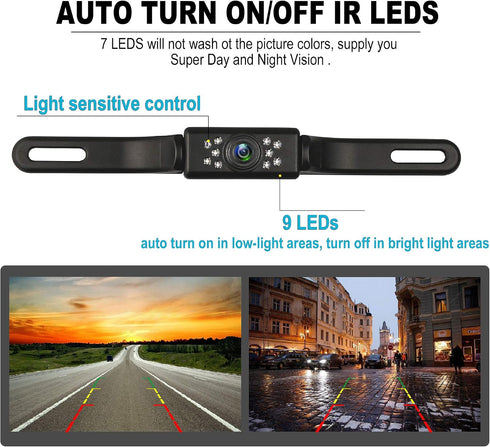 GLK 9 IP69K Car Backup Camera HD Night Vision Rear View Camera License Plate Camera with LED Lights, Font & Rear