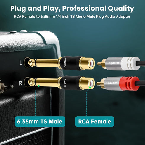 RCA to 1/4 Inch Adapter 2 Pack, 6.35mm TS Mono Male to RCA Female Jack Plug, Gold-Plated Guitar Connectors