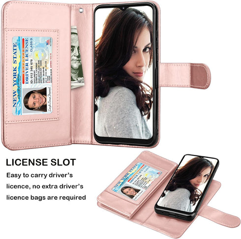Njjex Wallet Case for Moto G Play 2021, PU Leather Folio Flip with 9 Card Slots, Detachable Kickstand & Lanyard (Rose