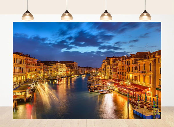 LidyMini 10x7ft Fabric Venice Grand Canal Night Backdrop Historic Palaces Gondolas Light Trails