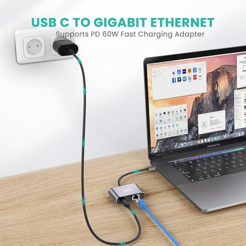 USB C Gigabit Ethernet Adapter with 60W Charging Port, 1000 Mbps Ethernet to Type C for MacBook Pro, iPad Air