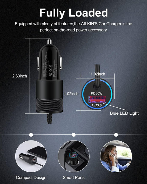 AILKIN Car Charger USB C for Samsung Galaxy, USB Cigarette Lighter Adapter for iPhone 16 Pro, Vehicle Auto Cargador