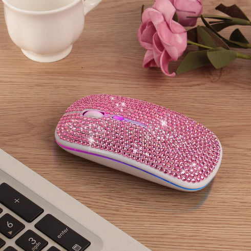 HXMJ Bling Dazzling Rechargeable Bluetooth Wireless Mouse, 2.4GHz+5.2, Crystal Diamond Rhinestone, RGB Backlit (Pink)
