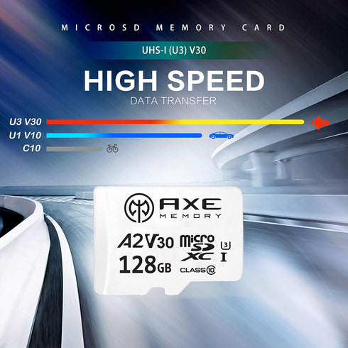 AXE MEMORY 128GB Micro SD Card 4K Ultra Full HD Video Premium Speed MicroSDXC Up to 100MB/S A2 V30 UHS-I U3, with SD Adapter