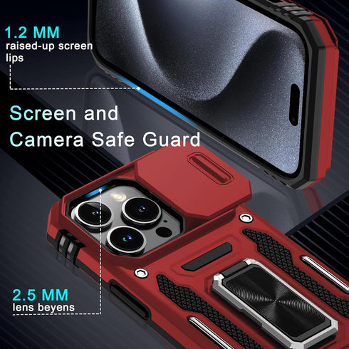 DEERLAMN Military Grade Shockproof Case for iPhone 15 Pro Max, with Slide Camera Cover + Screen Protector (1 Pack), Red