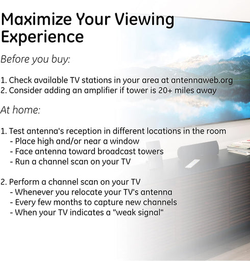 GE 4K 1080P 5ft 33681 Flat Panel Indoor HD Digital TV Antenna, Long Ran Smart TV Antenna, Supports HD Smart TV VHF UHF
