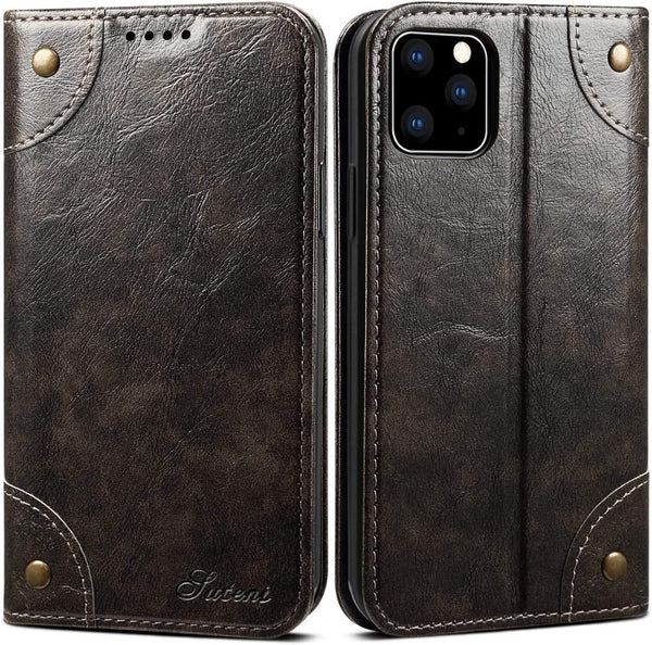 SINIANL iPhone 11 Pro Max Leather Case - Wallet Folio Case with Magnetic Closure and ID Holder, Dark Grey