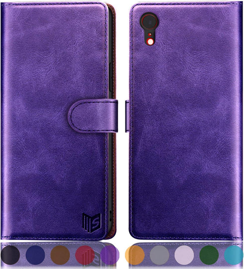 SUANPOT Leather Wallet Case for iPhone XR 6.1 with RFID Blocking Credit Card Holder, Shockproof Flip Folio Cover, Purple
