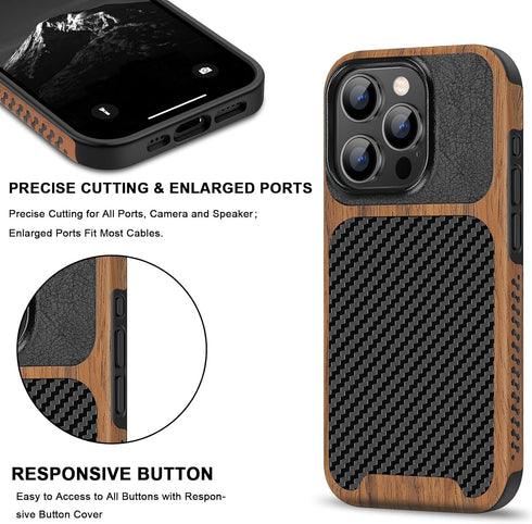 TENDLIN iPhone 15 Pro Max Case - Black Wood Grain & Carbon Fiber Leather Hybrid Slim Design