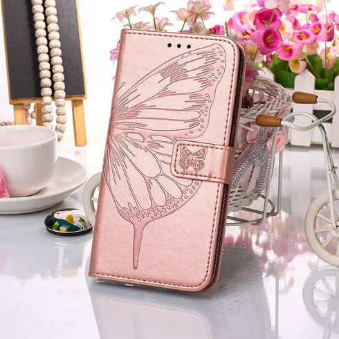 Flip Cover Phone Case for Galaxy A12, Rose Gold | Wallet, Butterfly Floral Embossed, Wrist Strap, Card Holder Slots,