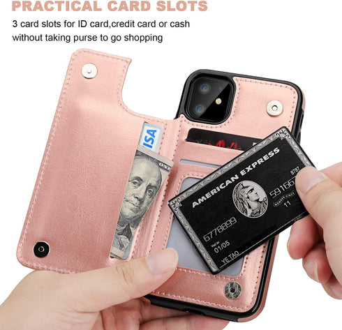 OT ONETOP iPhone 11 Wallet Case with Card Holder, PU Leather Kickstand, Double Magnetic Clasp, Shockproof Cover (Rose