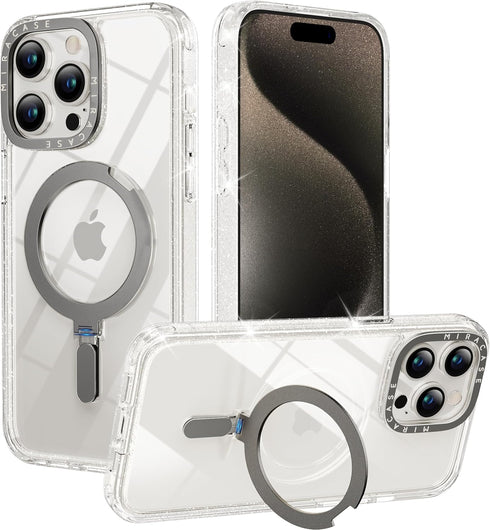 Miracase Designed for iPhone 15 Pro Case - Clear Glitter, Compatible with MagSafe, Magnetic Ring Holder, Shockproof