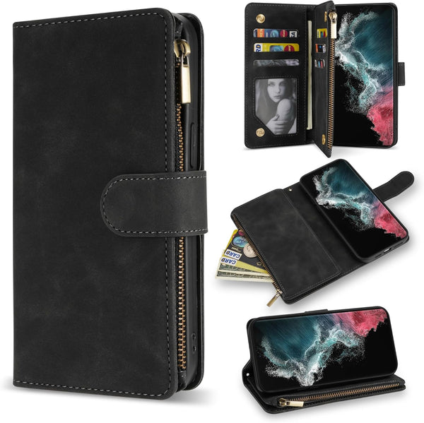 ZZXX Wallet Case for Samsung Galaxy S22 Ultra, Premium Soft PU Leather Zipper Flip Folio with Card Slot, Black