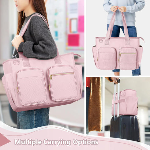 Teacher Tote Bag for Women, Large Utility Bag with Laptop Compartment, Pink (Empty Bag, Patent Design)