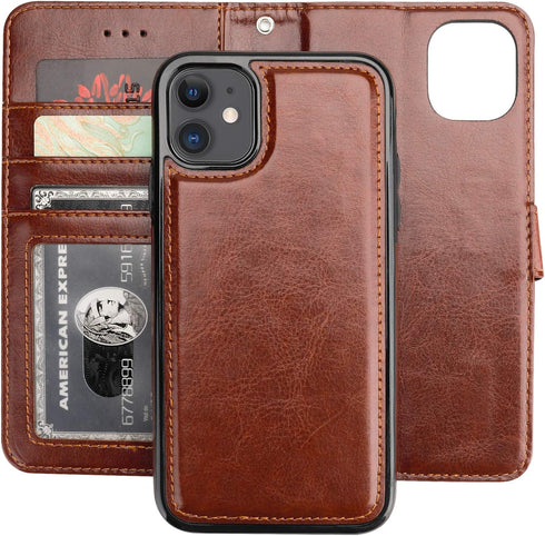 Bocasal iPhone 11 Wallet Case, PU Leather Magnetic Detachable Kickstand, Shockproof Flip Cover with Card Holder (Brown)
