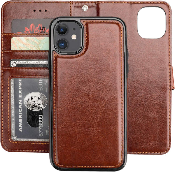 Bocasal iPhone 11 Wallet Case, PU Leather Magnetic Detachable Kickstand, Shockproof Flip Cover with Card Holder (Brown)