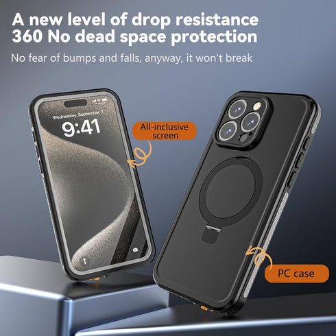 Guppy Waterproof Case for iPhone 15 Pro Max, IP68 Dustproof with Magnetic Stand, Built-in Screen Protector, 6.7