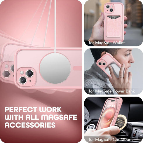 TIESZEN iPhone 15 Plus Case - Pink, Dustproof, MagSafe Compatible, with Privacy Screen & 9H Tempered Glass Protection.