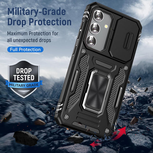 Samsung Galaxy S24 Plus Phone Case with Camera Lens Cover & Ring Holder Kickstand, Magnetic Car Mount Compatible (Black)