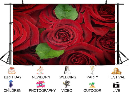 UPXIO 10x10ft Red Roses with Green Leaves Backdrop Romantic Floral Bouquet Photo Background Tapestry for Valentine's