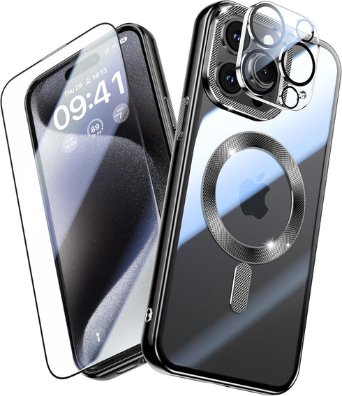 JUESHITUO iPhone 15 Pro Max Case - Black Titanium, 6.7", Military Grade Drop Protection, N56 Magnets, Screen & Camera