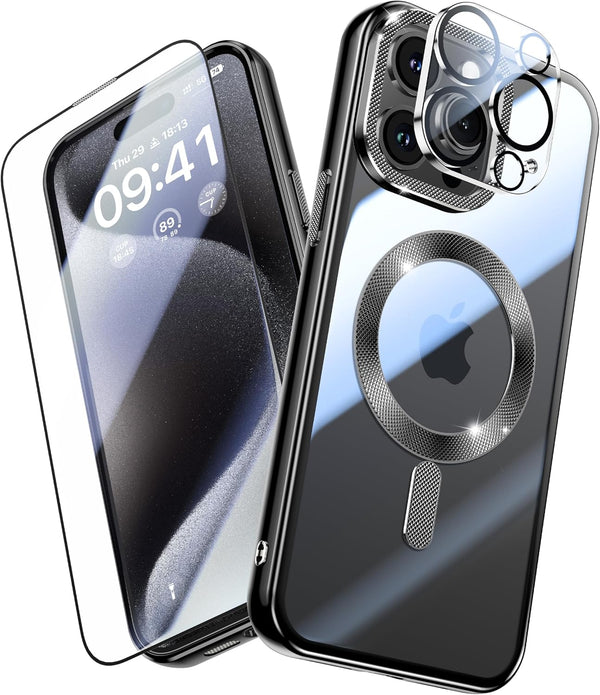 JUESHITUO iPhone 15 Pro Max Case - Black Titanium, 6.7", Military Grade Drop Protection, N56 Magnets, Screen & Camera