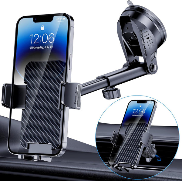 Phone Holder Car with Military-Grade Suction, Universal Phone Holder, Thick Case Friendly Dashboard Air Vent Windshield