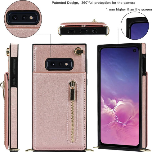 Samsung Galaxy S10e Wallet Cover, Pink, with Crossbody Strap, Leather Card Holder, Flip Cases, Kickstand