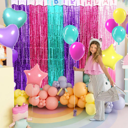 Satankya 2 Pack Cute Dollhouse Birthday Decorations, Dollhouse Party Photo Booth Prop, Purple Pink Teal Fringe Curtains