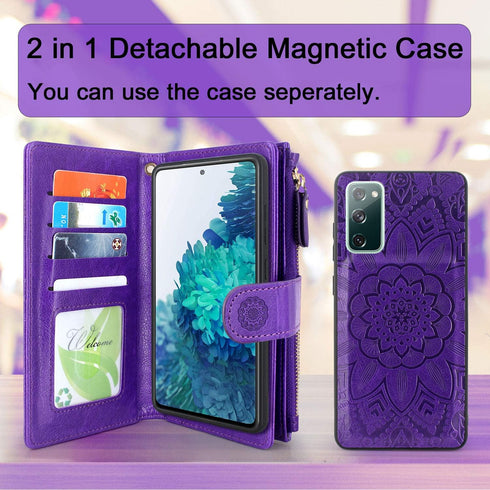Harryshell Detachable Magnetic Zipper Wallet Case for Samsung Galaxy S20 FE 5G - Floral Leather Case with 12 Card Slots