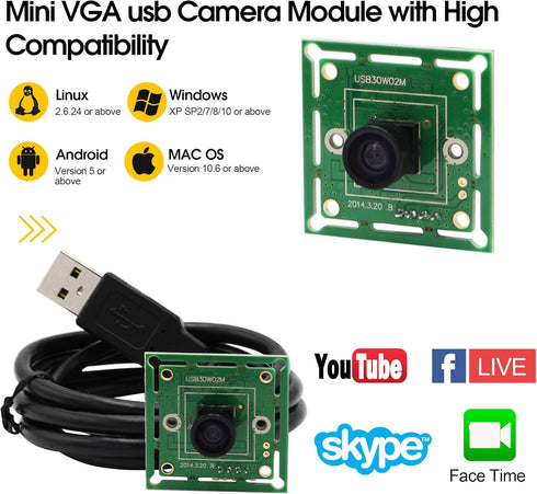 ELP VGA Super Mini Wide Angle USB Camera Module, 120-degree Lens, 480P 60fps UVC USB2.0 for Industrial PC