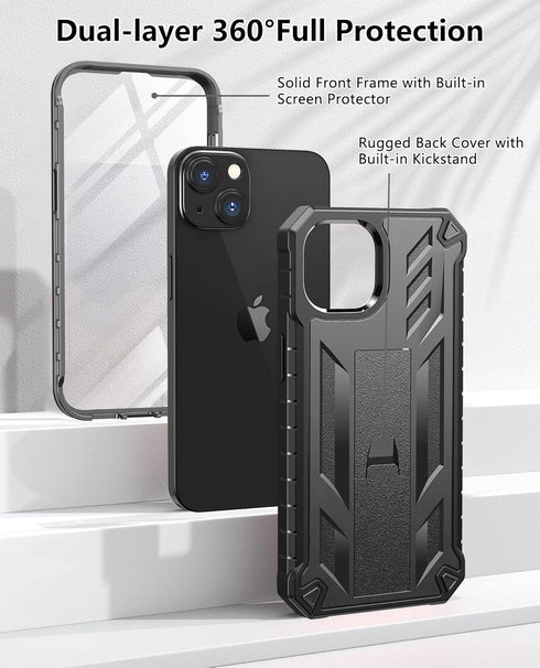 Protective Case for iPhone 13/14: Heavy Duty Military Grade Black Cover with Built-in Kickstand, Shock Proof Dual-Layer