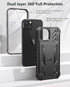 Protective Case for iPhone 13/14: Heavy Duty Military Grade Black Cover with Built-in Kickstand, Shock Proof Dual-Layer