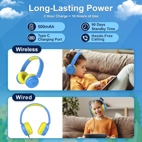 Contixo KB-5 Kids Headphones - Foldable Bluetooth Wireless Over The Ear Headphones for Kids - 85dB Volume Limited (Blue