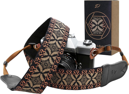Padwa Lifestyle Mystic Grey Embroidered Camera Strap, Double Layer Cowhide Ends, Adjustable Vintage Neck Strap