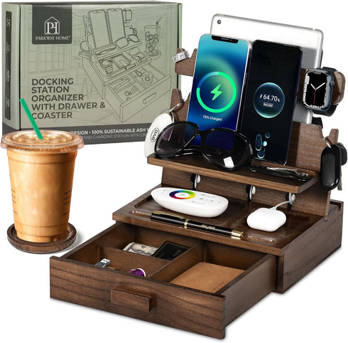Wood Phone Docking Station for 3 Phones, Nightstand Organizer with Drawer for Valuables, Apple Watch Compatible