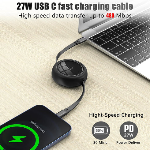HianDier 3FT USB C to Lightning Cable, Retractable 27W Fast Charging Data Sync Cord for iPhone 14/13/12/11 Series