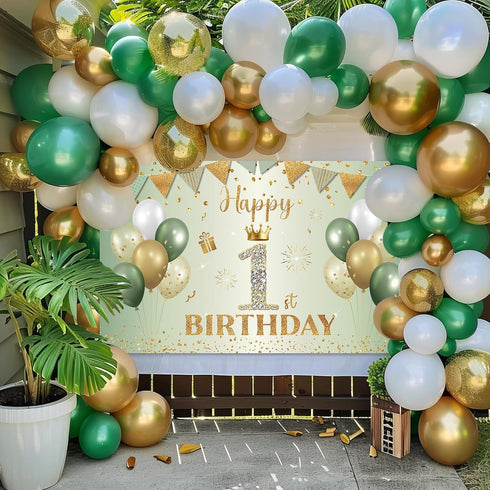 Happy 1st Birthday Banner Sage Green Gold, BTZO 1st Birthday Backdrop for Newborn Boys Girls Decorations
