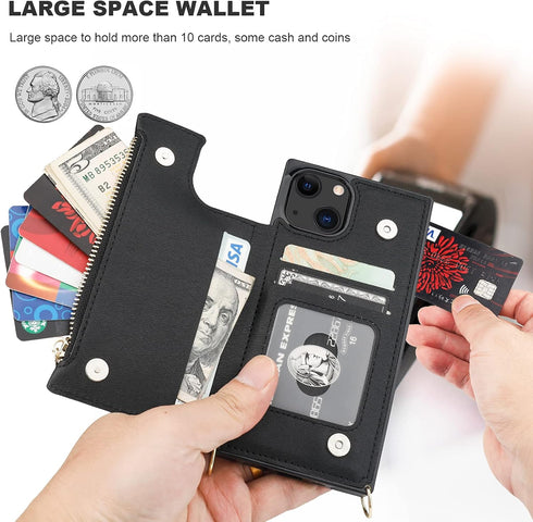 Bocasal Crossbody Wallet Case for iPhone 13, RFID Blocking Card Slot Holder, Magnetic Flip Folio Case, Black (6.1 Inch