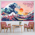 Ocean Wave Tapestry - Japanese Kanagawa Great Wave Cherry Blossom Nature Sunset Background Wall Hanging, 72.8 x 43.3